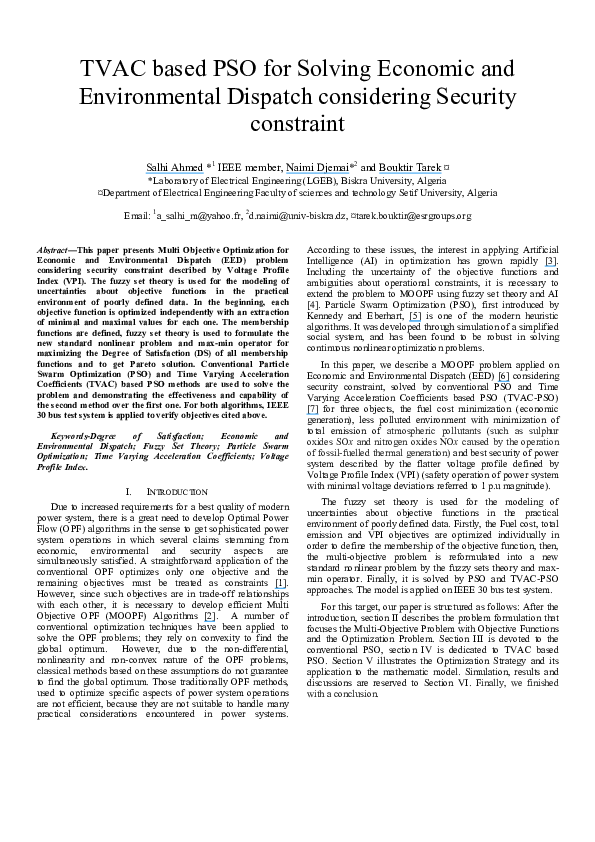(PDF) TVAC based PSO for solving Economic and Environmental Dispatch ...