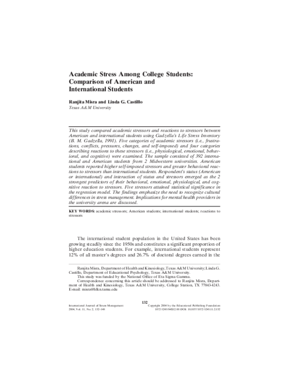 (PDF) Academic Stress Among College Students: Comparison of American ...