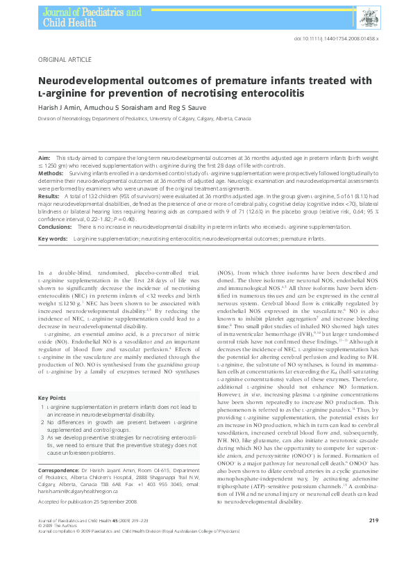 (PDF) L-Arginine and Neurodevelopment in Premature Infants