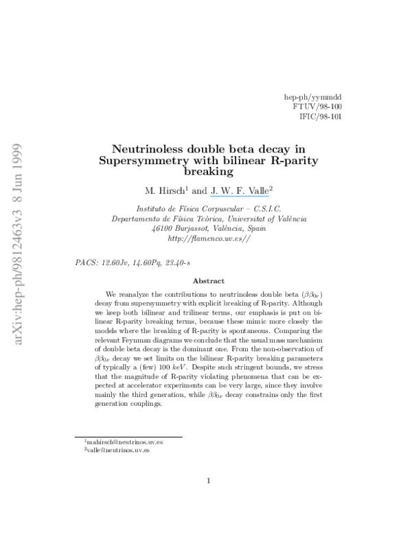 (PDF) Neutrinoless double beta decay in supersymmetry with bilinear R ...