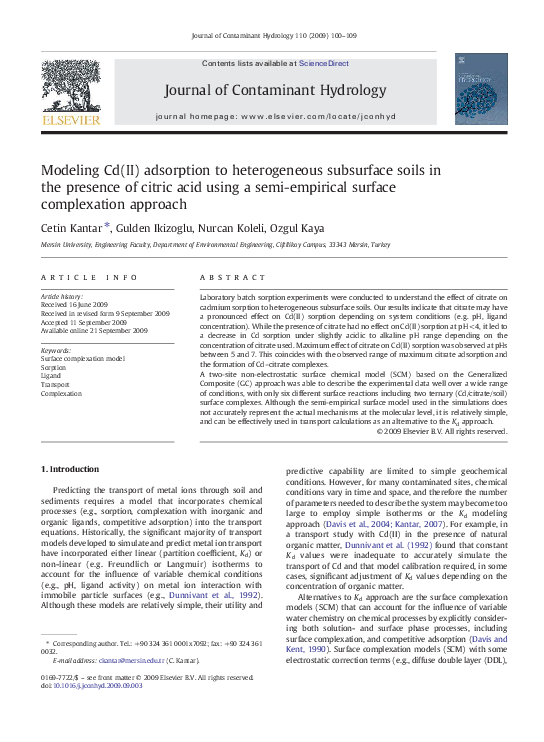 (PDF) Modeling Cd(II) adsorption to heterogeneous subsurface soils in ...