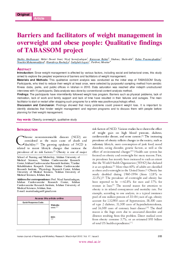 (PDF) Barriers and facilitators of weight management in overweight and ...