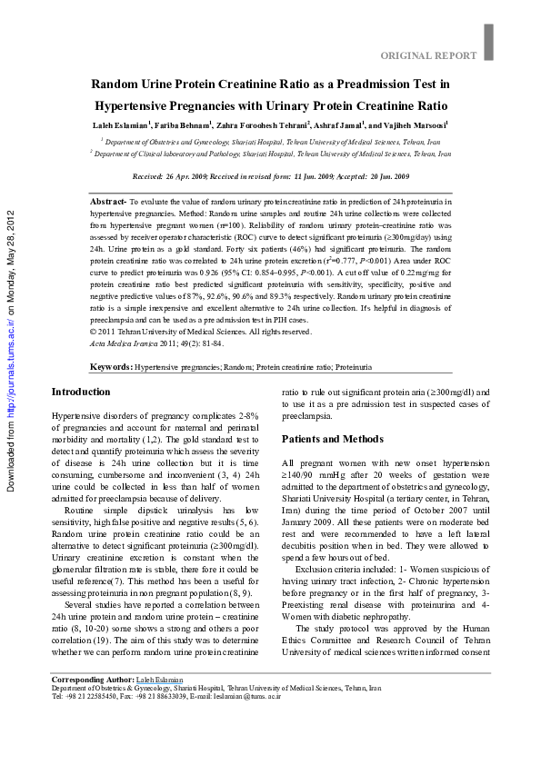 (PDF) Correlation of random urinary protein to creatinine ratio in 24