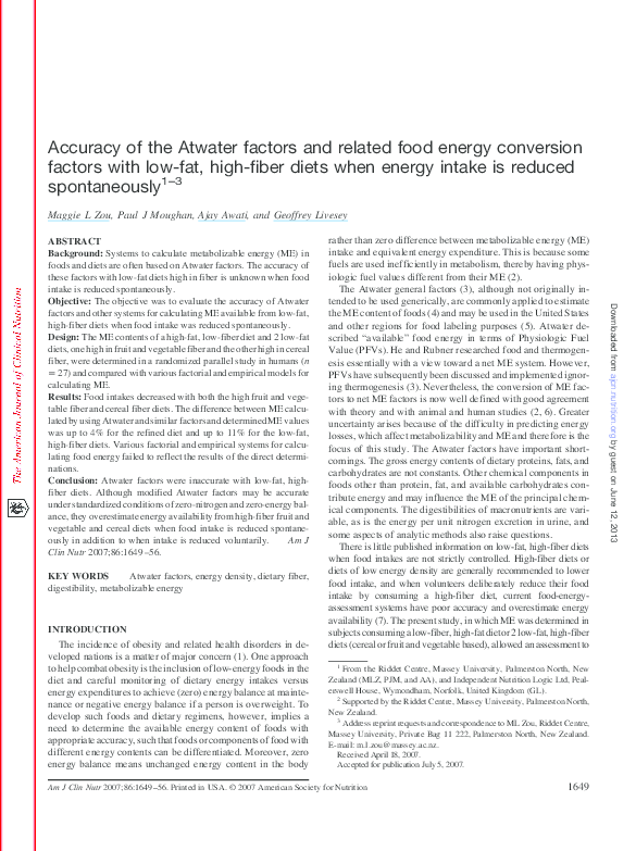 (PDF) Accuracy of the Atwater factors and related food energy