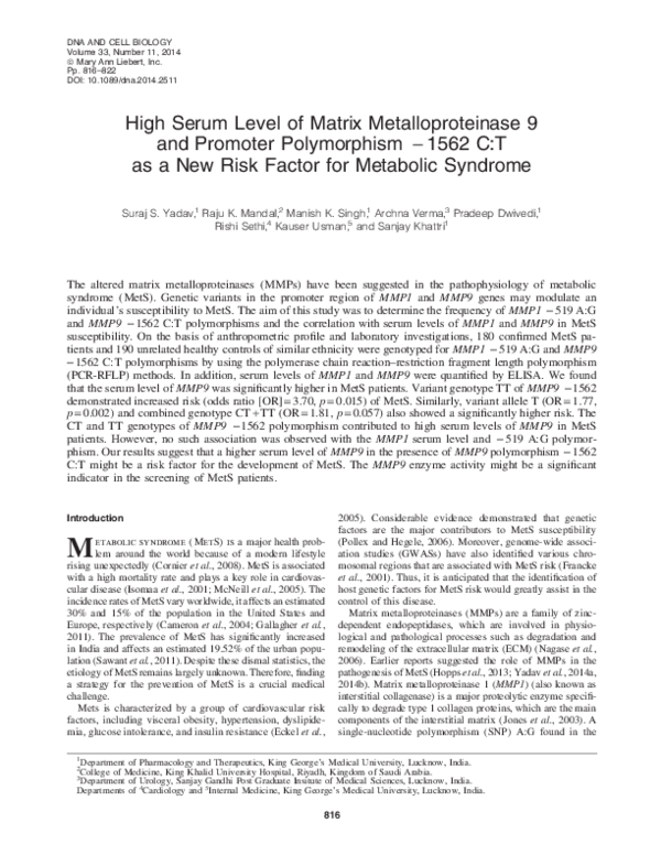 (PDF) High Serum Level of Matrix Metalloproteinase 9 and Promoter ...