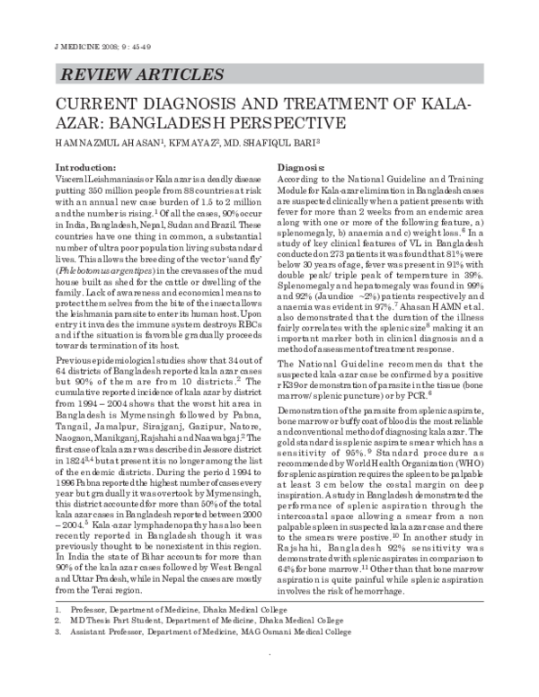 (PDF) Current Diagnosis and Treatment of Kalaazar Bangladesh