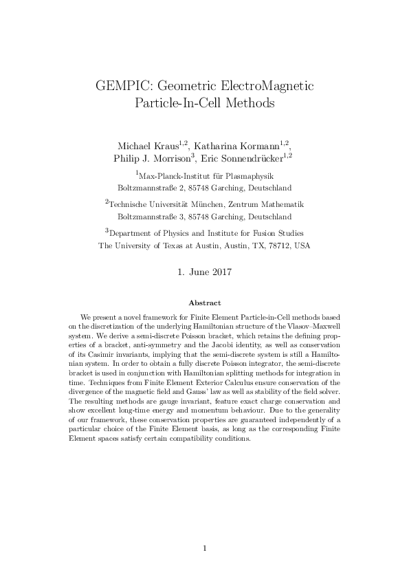 (PDF) GEMPIC Geometric ParticleInCell Methods