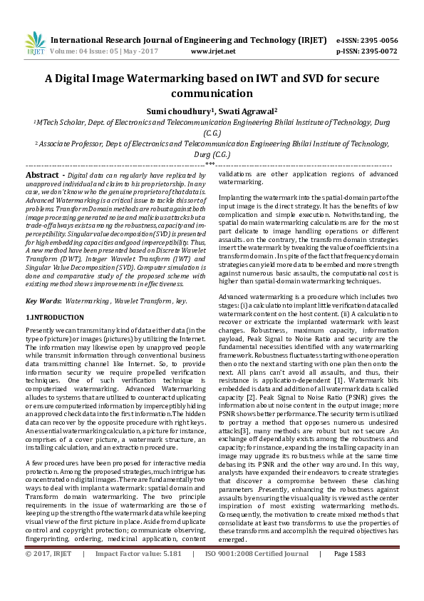 (PDF) A Digital Image Watermarking based on IWT and SVD for secure ...