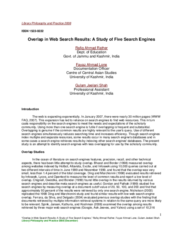 (PDF) Overlap In Web Search Results: A Study of Five Search Engines