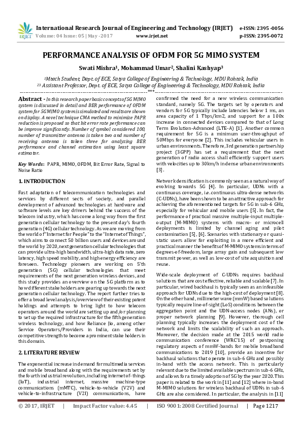 (PDF) PERFORMANCE ANALYSIS OF OFDM FOR 5G MIMO SYSTEM
