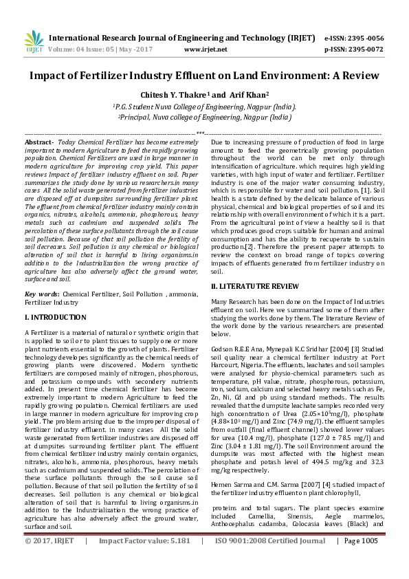 (PDF) Impact of Fertilizer Industry Effluent on Land Environment A