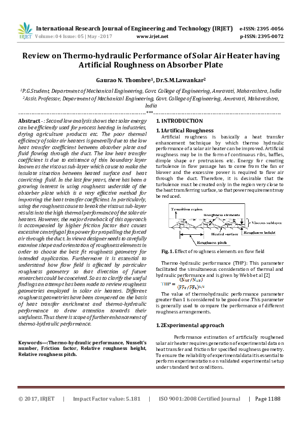 (PDF) Review on Thermo-hydraulic Performance of Solar Air Heater having ...