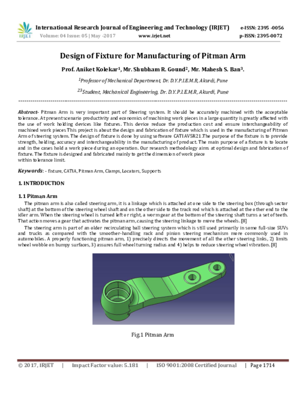 (PDF) Design of Fixture for Manufacturing of Pitman Arm