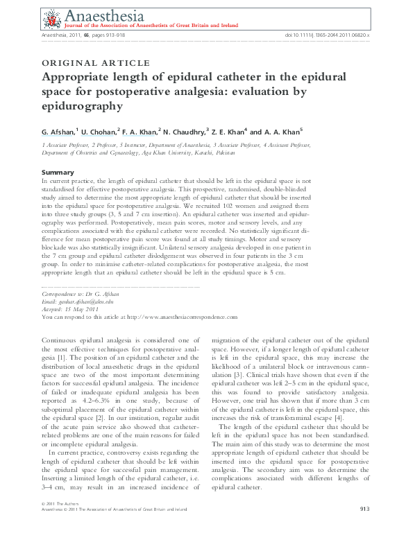 (PDF) Appropriate length of epidural catheter in the epidural space for