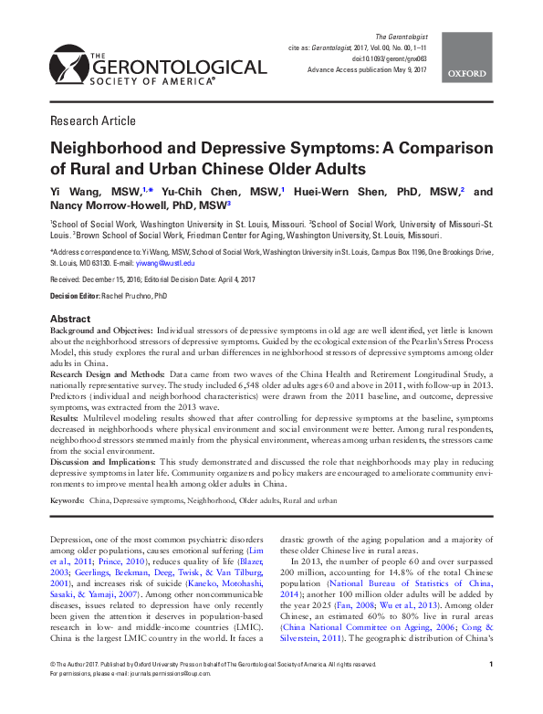 (PDF) Neighborhood and Depressive Symptoms: A Comparison of Rural and ...