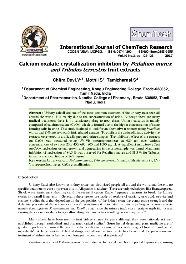 (PDF) Calcium oxalate crystallization inhibition by Pedalium murex and ...