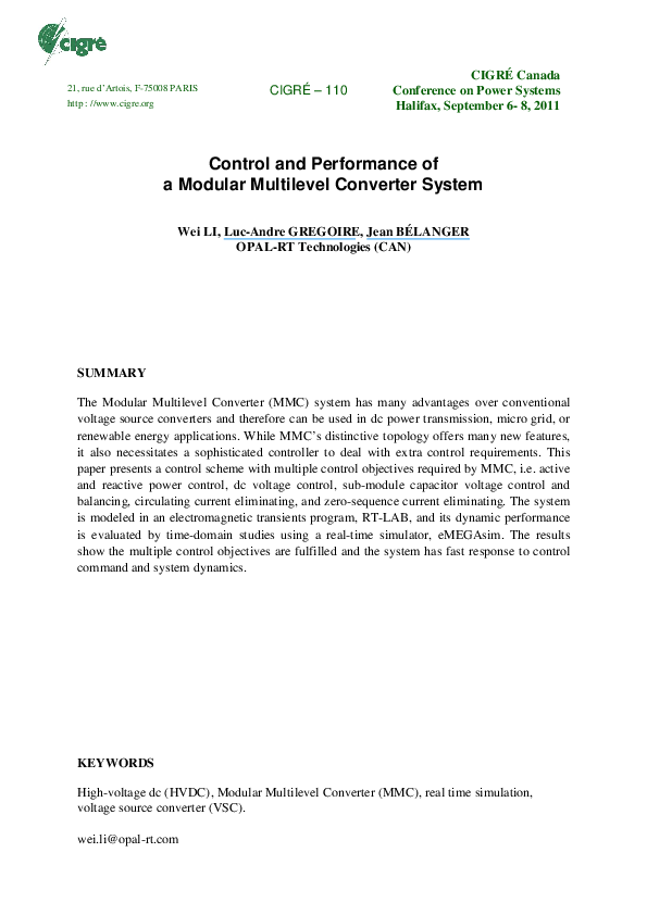 (PDF) Control and Performance of a Modular Multilevel Converter System