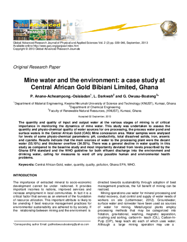 (PDF) Mine water and the environment: a case study at Central African ...