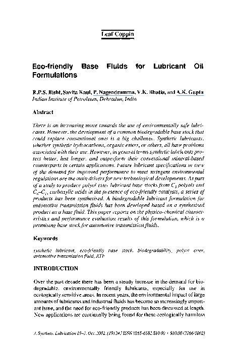 (PDF) Eco-friendly base fluids for lubricant oil formulations