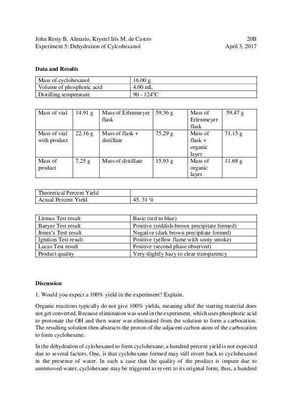 Dehydration of cyclohexanol lab report chegg image