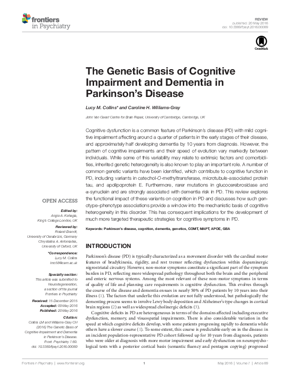 (PDF) The Genetic Basis of Cognitive impairment and Dementia in ...