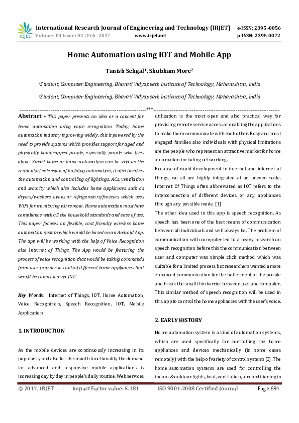 (PDF) Home Automation using IOT and Mobile App IRJET Journal