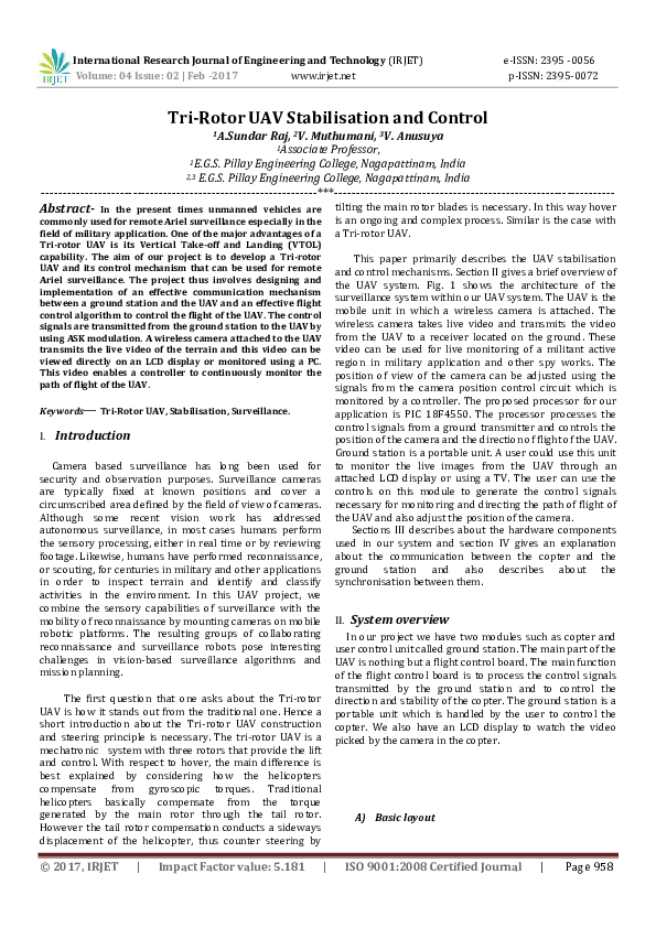 (PDF) Tri-Rotor UAV Stabilisation and Control