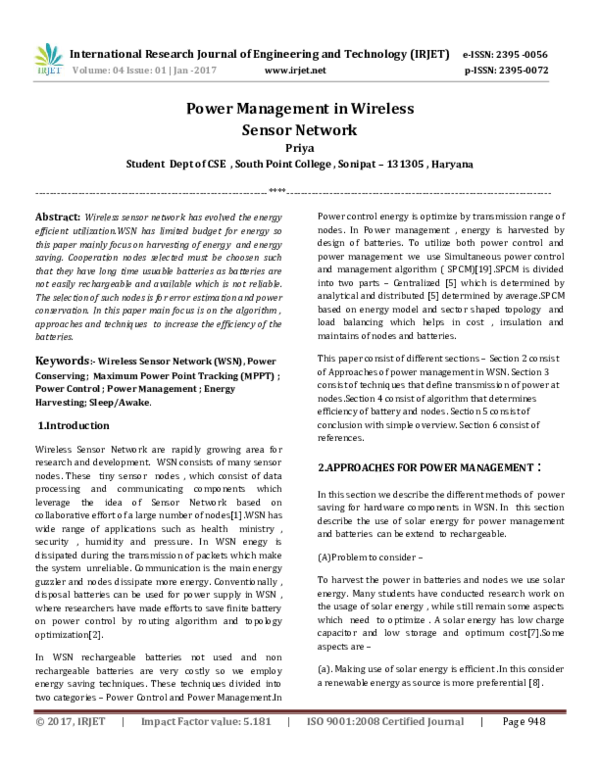 (PDF) Power Management in Wireless Sensor Network IRJET Journal