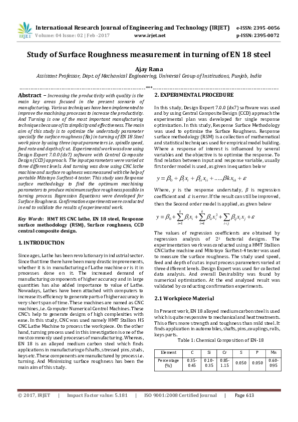 (PDF) Study of Surface Roughness measurement in turning of EN 18 steel