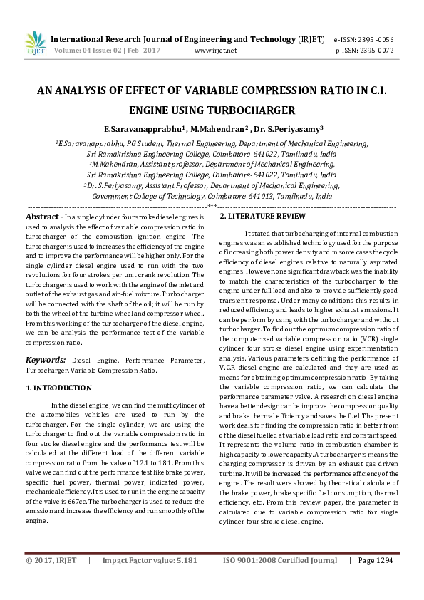(PDF) AN ANALYSIS OF EFFECT OF VARIABLE COMPRESSION RATIO IN C.I ...