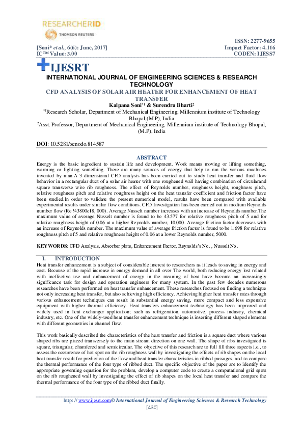 (PDF) CFD ANALYSIS OF SOLAR AIR HEATER FOR ENHANCEMENT OF HEAT TRANSFER