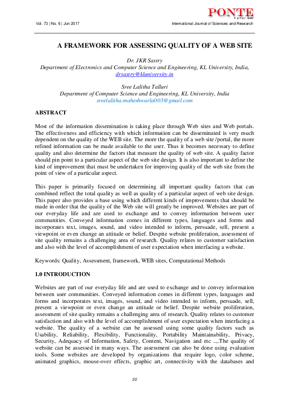 (PDF) A FRAMEWORK FOR ASSESSING QUALITY OF A WEB SITE