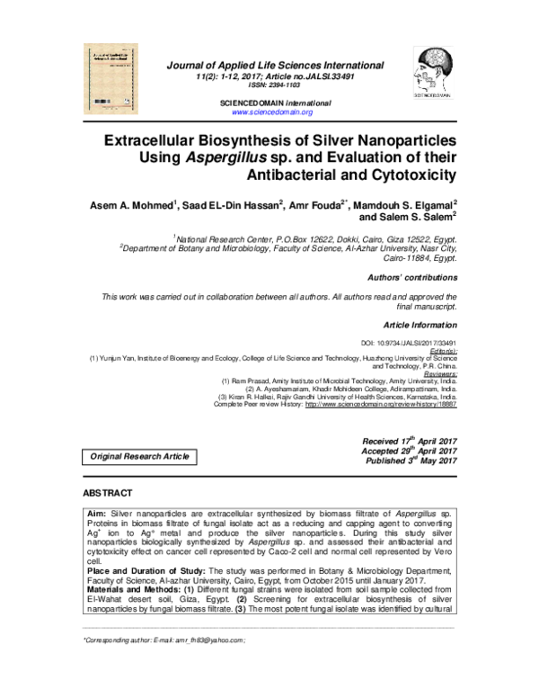 (PDF) Extracellular Biosynthesis of Silver Nanoparticles Using ...