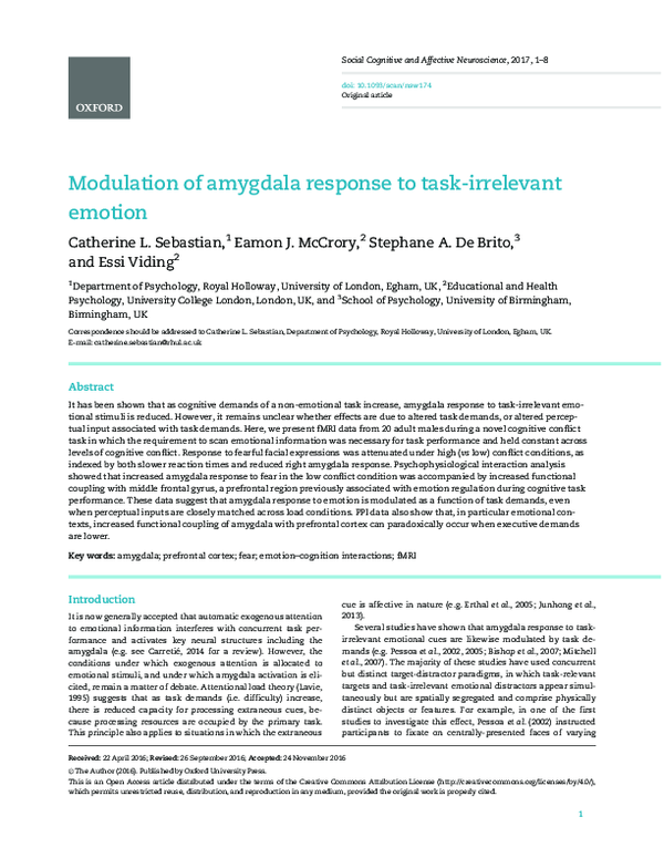 (PDF) Modulation of amygdala response to task-irrelevant emotion