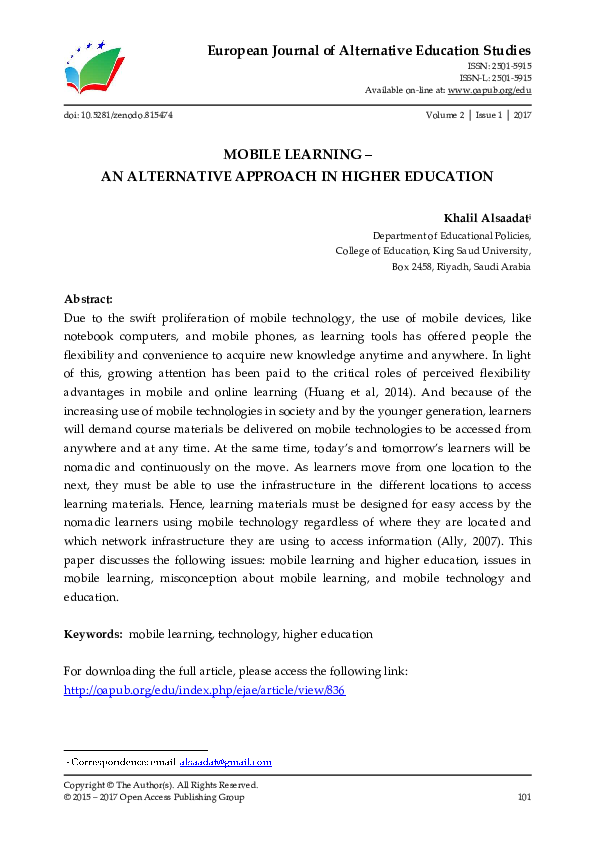 (PDF) MOBILE LEARNING – AN ALTERNATIVE APPROACH IN HIGHER EDUCATION