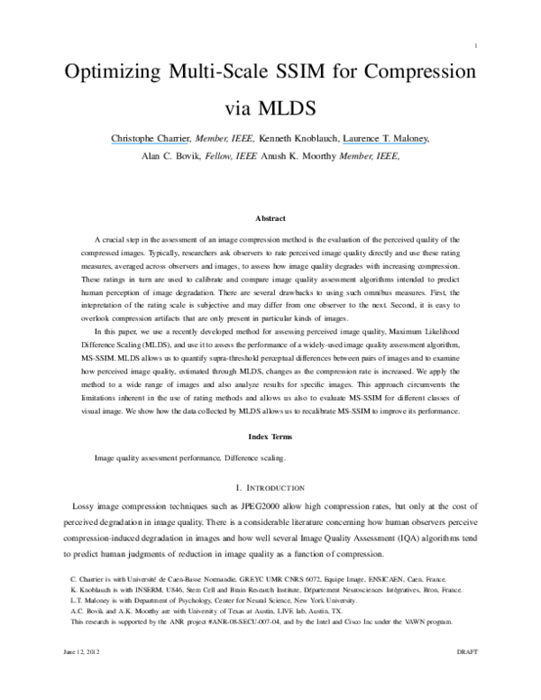 (PDF) Optimizing Multiscale SSIM for Compression via MLDS