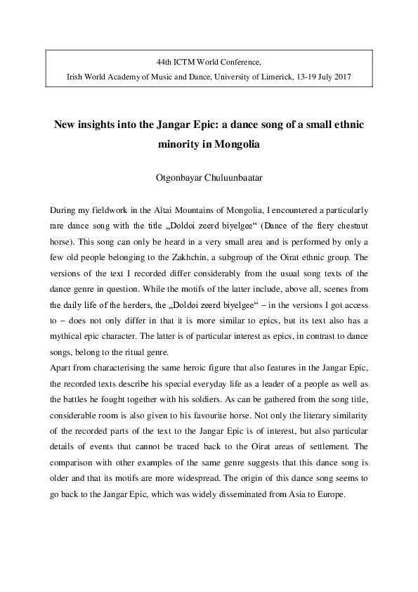 (PDF) New insights into the Jangar Epic a dance song of a small ethnic