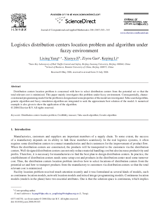 (PDF) Logistics distribution centers location problem and algorithm ...
