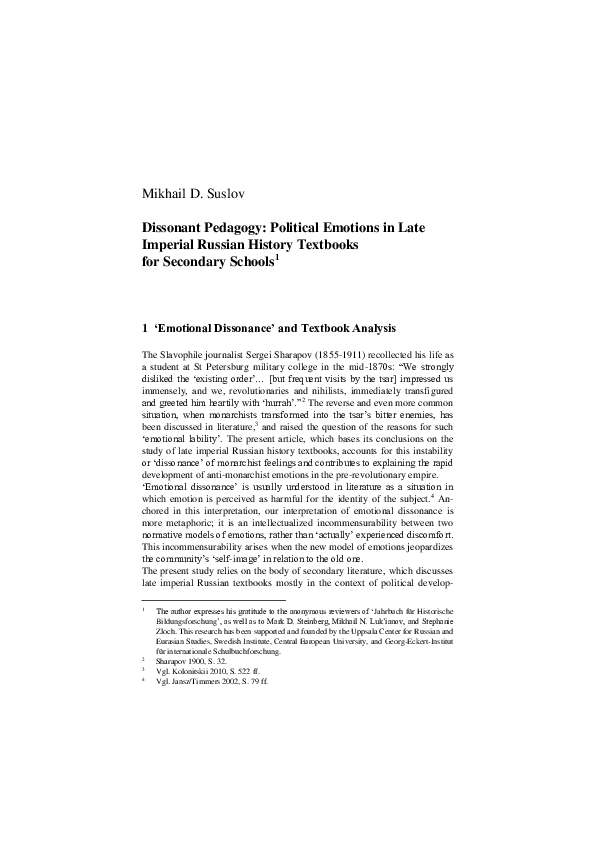 ‘Dissonant Pedagogy: Political Emotions in Late Imperial Russian History Textbooks for Secondary Schools,’  Jahrbuch für Historische Bildungsforschung, Bd. 18 (2012): 91-109.