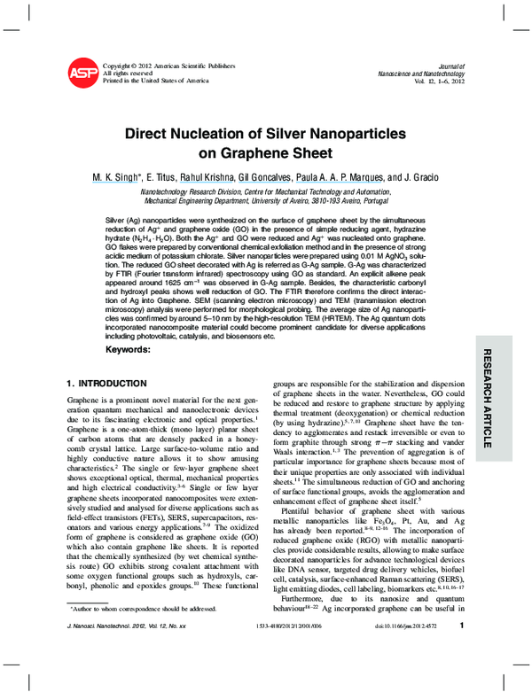 (PDF) Direct Nucleation of Silver Nanoparticles on Graphene Sheet
