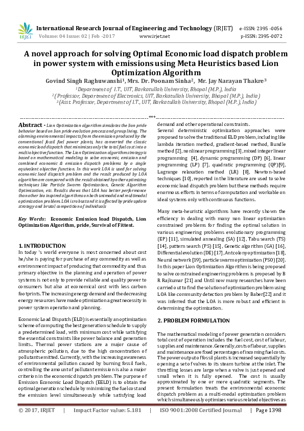 (PDF) A novel approach for solving Optimal Economic load dispatch ...