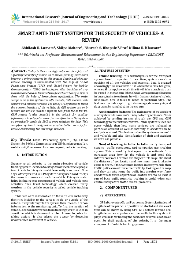 (PDF) SMART ANTITHEFT SYSTEM FOR THE SECURITY OF VEHICLESA REVIEW