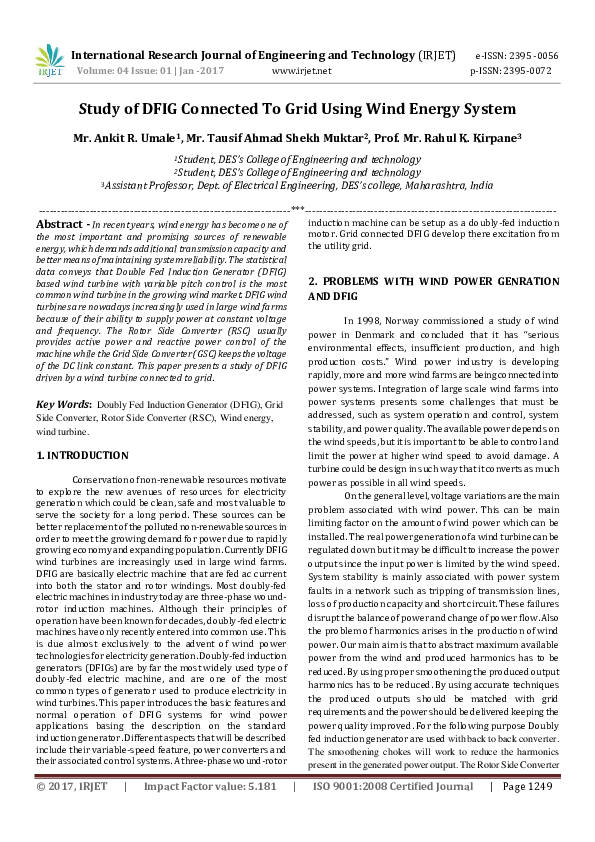 (PDF) Study of DFIG Connected To Grid Using Wind Energy System