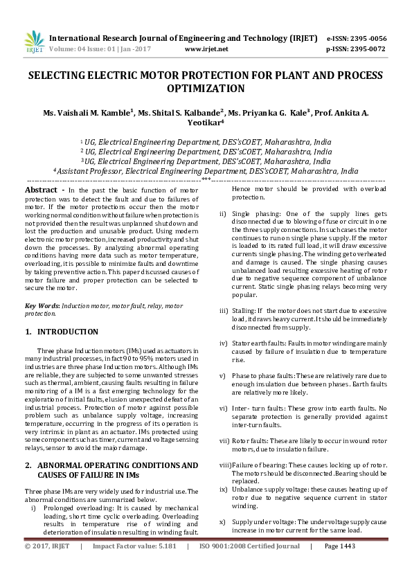 (PDF) SELECTING ELECTRIC MOTOR PROTECTION FOR PLANT AND PROCESS