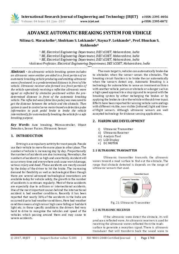 (PDF) ADVANCE AUTOMATIC BREAKING SYSTEM FOR VEHICLE IRJET Journal
