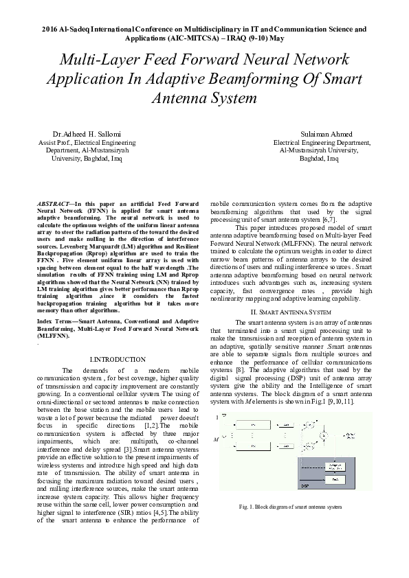 (PDF) Multi-Layer Feed Forward Neural Network Application In Adaptive ...