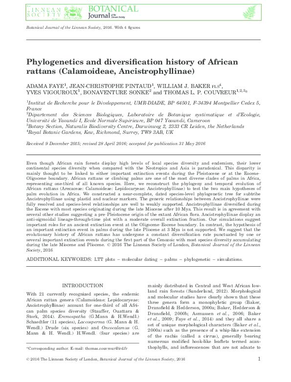 (PDF) Phylogenetics and diversification history of African rattans ...