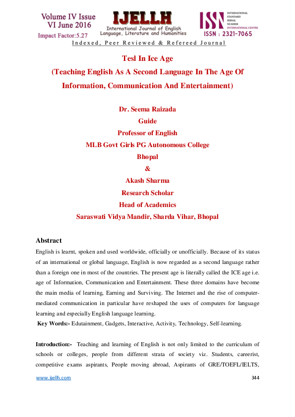 (PDF) Tesl In Ice Age (Teaching English As A Second Language In The Age ...