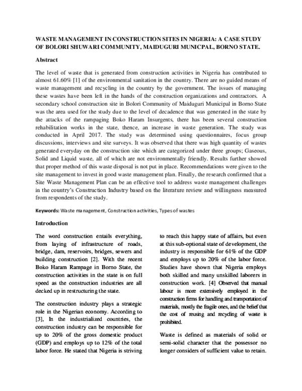 (DOC) WASTE MANAGEMENT IN CONSTRUCTION SITES IN NIGERIA: A CASE STUDY ...