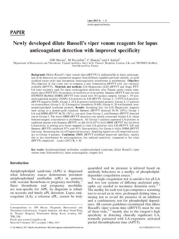 (PDF) Newly developed dilute Russell's viper venom reagents for lupus